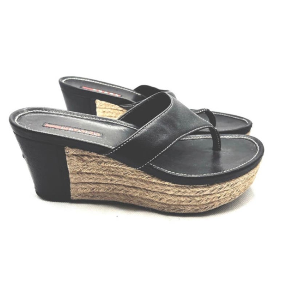 Prada Black Leather Wedge Thong Sandals